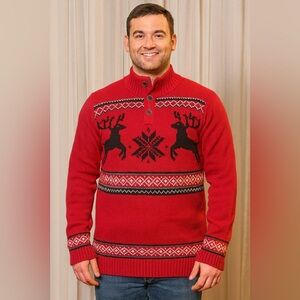 Alan Flusser men's red reindeer fair isle sweater in 100% cotton